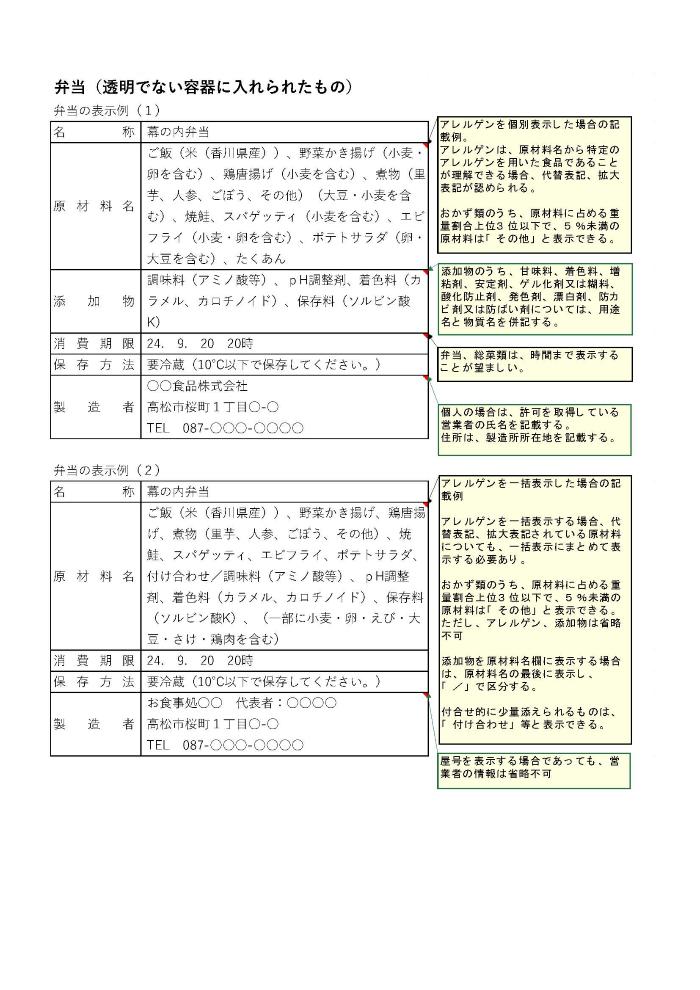 弁当類の表示例