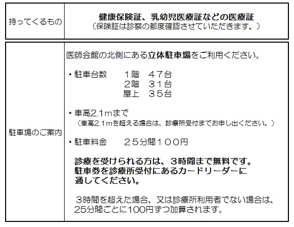 健康保険証、こども医療証などは必ずお持ちください。また車で来られる際には、医師会館北側にある立体駐車場をご利用ください。