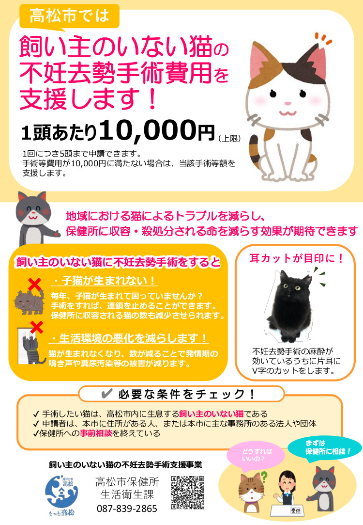 飼い主のいない猫の不妊去勢手術費用の一部を支援します